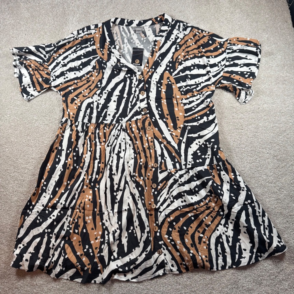 Avenue Women 16 Zebra Animal Print Tiered‎ Button Front Flutter Sleeve Dress NEW